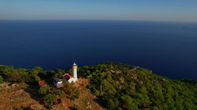 Gelidonya lighthouse Lycian Way in Antalya, Turkey Aerial top view. Concept beautiful summer landscape at sunset from drone