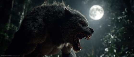 Naklejka premium A fearsome wolf under a glowing full moon.
