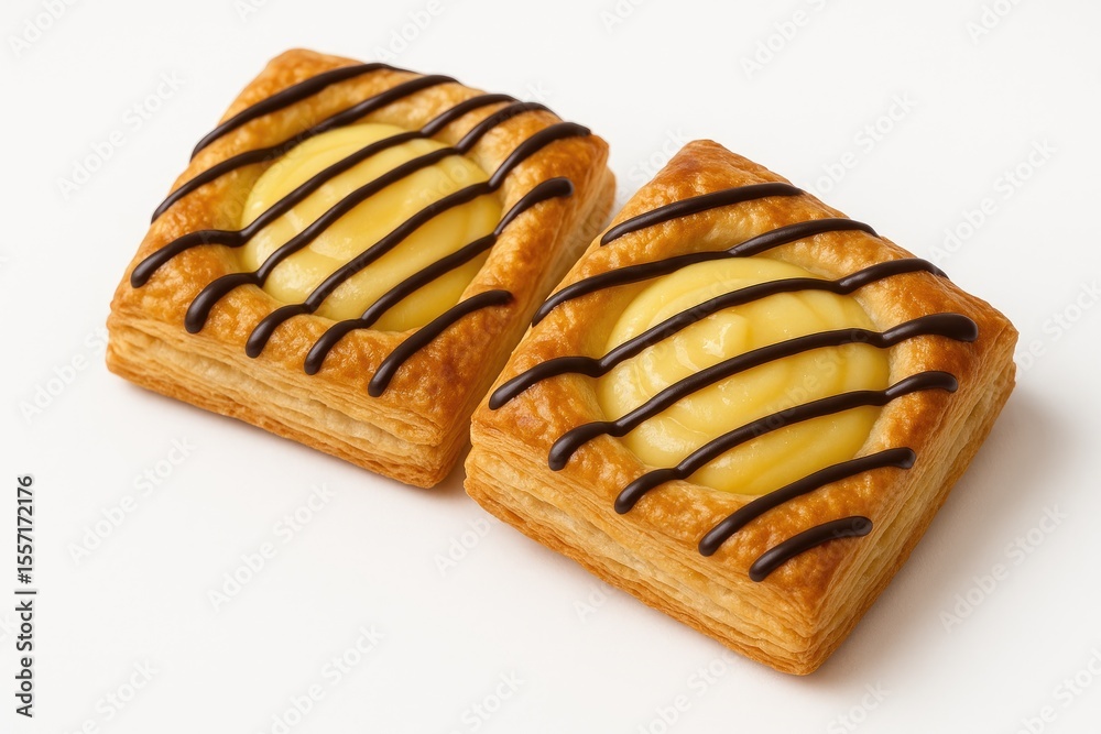 Poster two delightful sweet treats featuring creamy custard. puff pastry squares filled with vanilla puddin