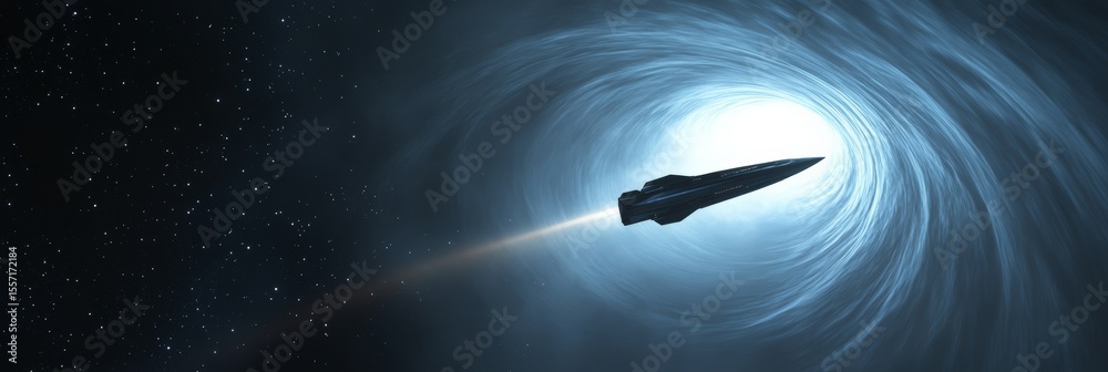 Poster Advanced spaceship racing through a swirling wormhole, delving into uncharted space with twinkling stars illuminating a breathtaking scene of interstellar exploration