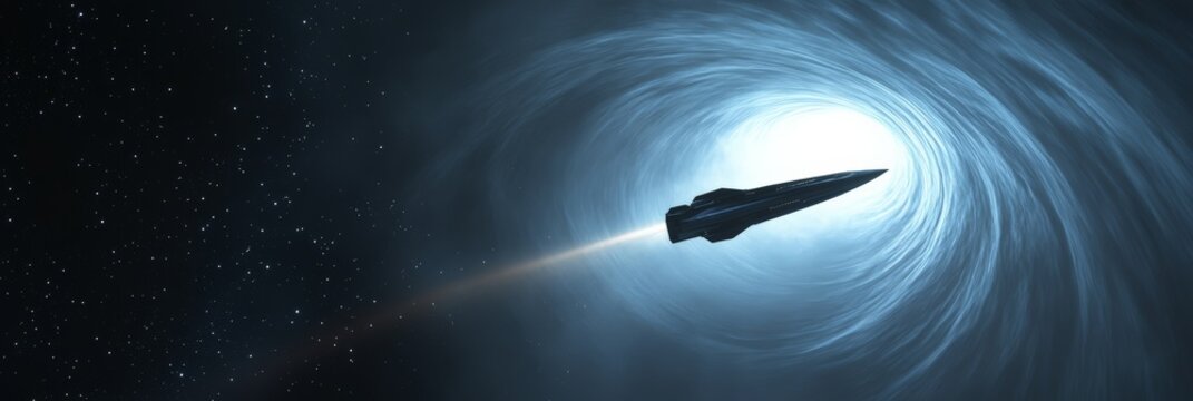 Advanced spaceship racing through a swirling wormhole, delving into uncharted space with twinkling stars illuminating a breathtaking scene of interstellar exploration