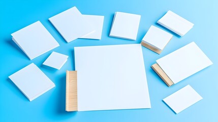 Blue background stationery mockup; brochures, cards, flyers