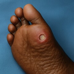 Obraz premium Close Up of Early Diabetic Foot Ulcer on Ball of Foot with Redness and Tissue Damage. Clinical Medical Concept on Blue Sterile Background