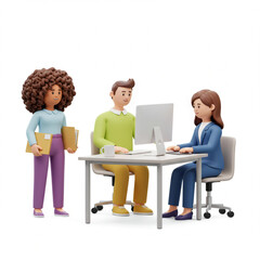 Obraz premium Three diverse cartoon people collaborating at a desk with a computer and files isolated on white background