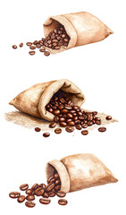 Hand-drawn coffee bags spilling rich, brown coffee beans on a rustic background.