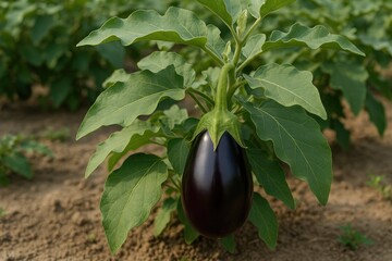 Organic farm-grown brinjal, also called eggplant or aubergine, cultivated naturally in gardens and kitchens.