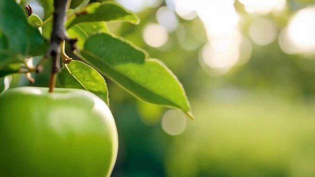 Close up of a ripe green apple hanging on a tree branch amongst vibrant leaves in the orchard during summertime.