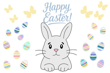 Cute Easter bunny illustration with colorful eggs, butterflies and festive lettering
