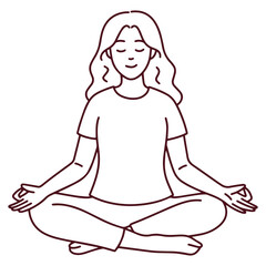 Outline drawing of woman in lotus position with eyes closed and hands on knees, practicing meditation and mindfulness, suitable for coloring page