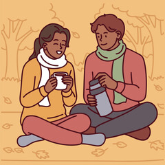 Dark-skinned couple dressed in warm clothes sits on ground in autumn park, drinking hot beverages together from thermos in a calm fall scene