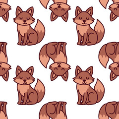 Seamless pattern of sitting red foxes on white background. Child-friendly wildlife design perfect for textiles, nursery, and forest themes