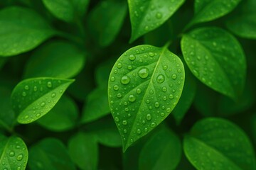 Vivid green foliage with dewdrops after a rain shower
