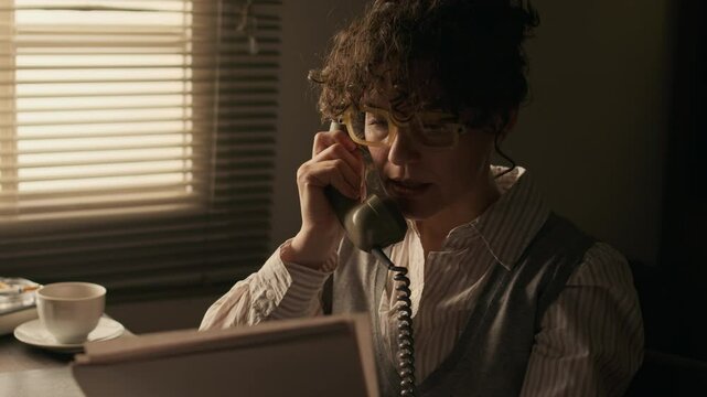 Zoom out shot of middle-aged Caucasian female author talking on retro rotary phone discussing deadline of her new book with publisher sitting at desk in front of vintage typewriter