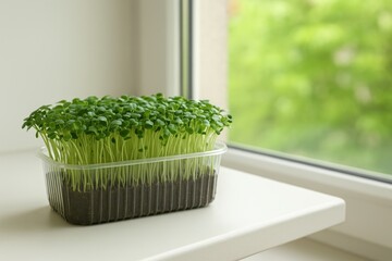 Naklejka premium Indoor microgreen cultivation in a plastic tray on a windowsill, ready for customization