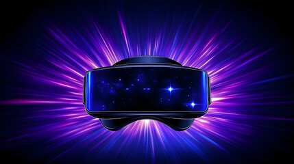 VR headset, cosmic display, light burst background, gaming