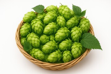 Fototapeta premium Vibrant green hop cones arranged in a rustic wicker container