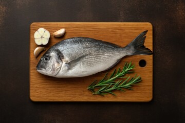 Freshly caught dorado fish placed on a wooden cutting board with garlic and rosemary, top-down shot with space for text.
