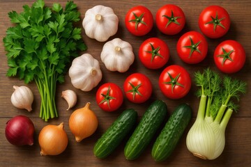 Fresh herbs and vegetables for culinary use: parsley, garlic, and tomatoes