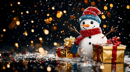 Festive snowman with gifts, snowing, bokeh background, holiday card