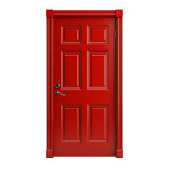 Red paneled wooden door with silver handle on transparent background