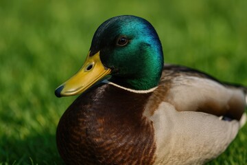 Detailed close-up of a male duck's face at rest