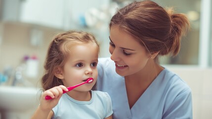 Young Girl Learning Oral Hygiene with Adult Guidance in Modern Bathroom Setting 