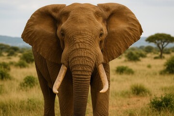 Fototapeta premium Detailed view of a massive male African elephant showcasing its tusks