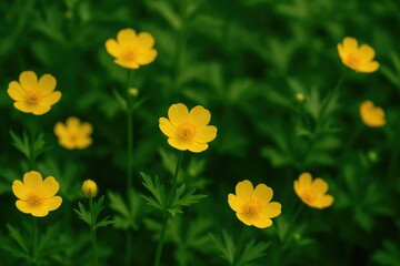 Fototapeta premium Detailed view of vibrant yellow blossoms amid lush green foliage