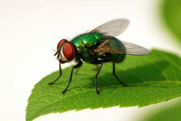 Fototapeta premium Detailed view of a vibrant green fruit fly resting on a leaf
