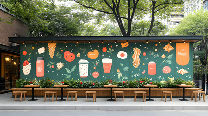 Vibrant outdoor cafe mural featuring food and drink motifs in an urban setting