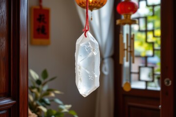 a clear quartz crystal for feng shui hanging from red thread in doorway, traditional chinese decor, gold coins, wind chimes softly moving