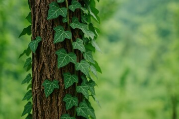 Detailed shot of ivy growing on a tree with lush green leaves in spring