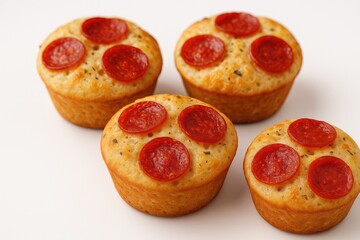 Detailed shot of Sourdough Focaccia Muffins topped with pepperoni against a plain white backdrop