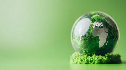 Green globe on moss, environmental concept, green background