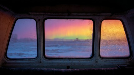 Spectral aurora dances through frosty windows, celestial tapestry, mystical Noche de San Juan, ethereal winter solstice embrace