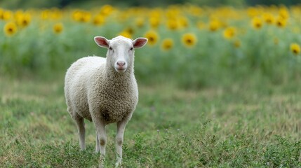 Fototapeta premium A woolly sheep serenely gazes amidst vibrant sunflowers, embodying rustic tranquility and celebrating Lammas and National Sunflower Day