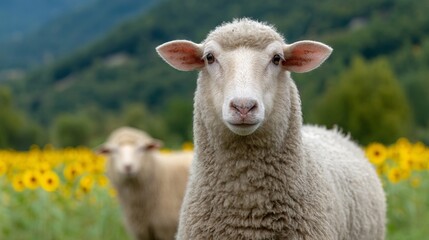 Obraz premium ``` Curious sheep amidst golden sunflowers, embodying rustic tranquility, echoing Harvest Festival and quirky British Wool Week charm```