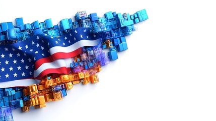 American flag, digital blocks, white background, data, website