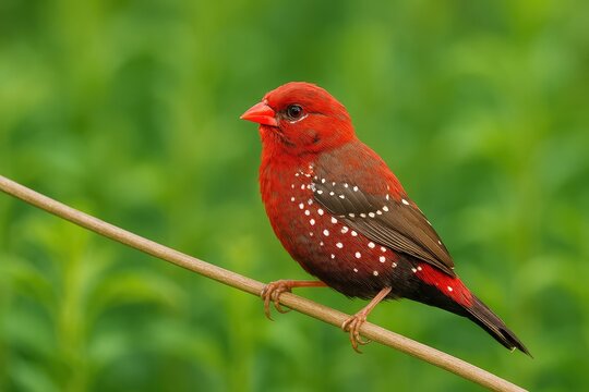 Bright red finch perched on leafy green branches