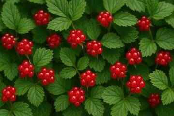 Wild red berry known as Rubus saxatilis or Stone bramble