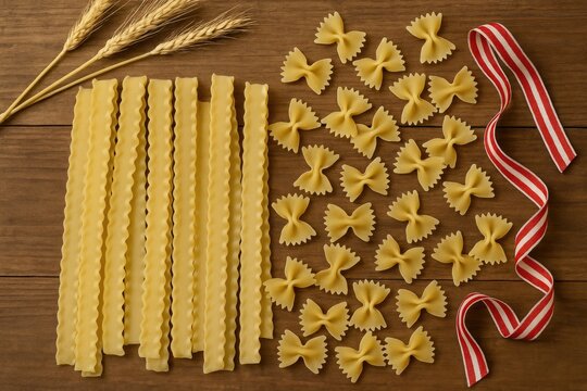 Raw Mafaldine and butterfly-shaped pasta displayed on a wooden surface - Powered by Adobe
