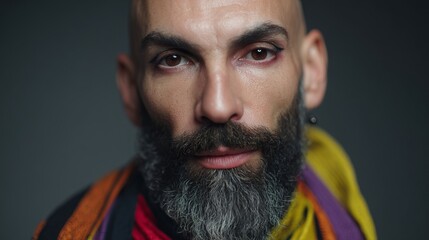 A contemplative Middle Eastern male with a vivid scarf celebrates World Beard Day and International Color Day