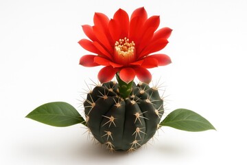 Colorful Hybrid Cacti with Bright Red Blooms on White Backdrop
