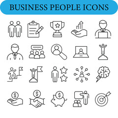A collection of 20 black and white business icons arranged in four rows