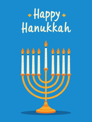 Hanukkah flat vector illustration isolated on a blue background Traditional jewish holiday greeting card design