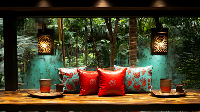 Tropical Sanctuary: Lush Greenery and Relaxing Lounge Area with Natural Lighting