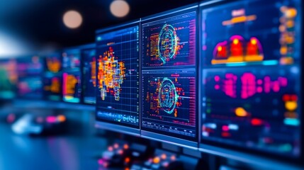 Control room monitors displaying data, night