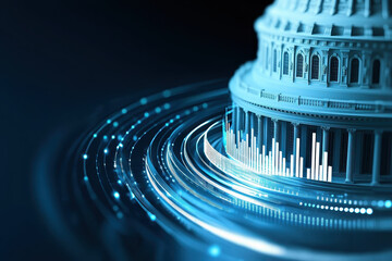 Capitol building finance technology data government digital futuristic blue architecture economy concept glowing abstract statistics modern investment business city urban structure innovation