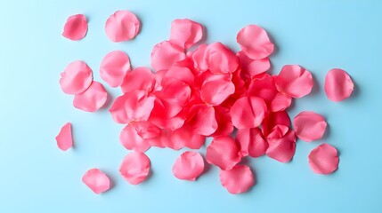 Pink rose petals scattered on blue background