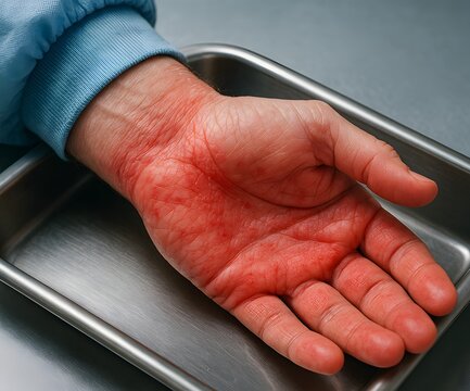 Red Irritated Hand from Latex Allergy on Metal Tray, Contact Dermatitis on Palm and Wrist from Medical Glove Use, Clinical Scene Close Up